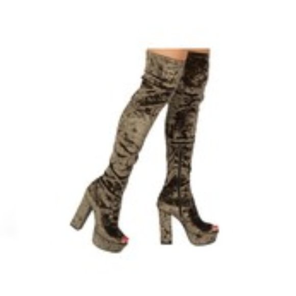 New - Khaki Peep-Toe Velvet Thigh High Boots - Picture 4 of 4